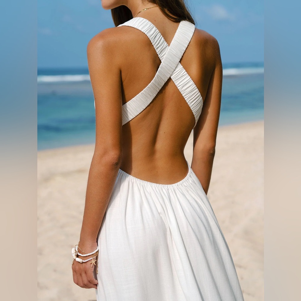 White Maxi Dress with Deep V-Neck - Elegant Beach Dress - Picture 7 of 9